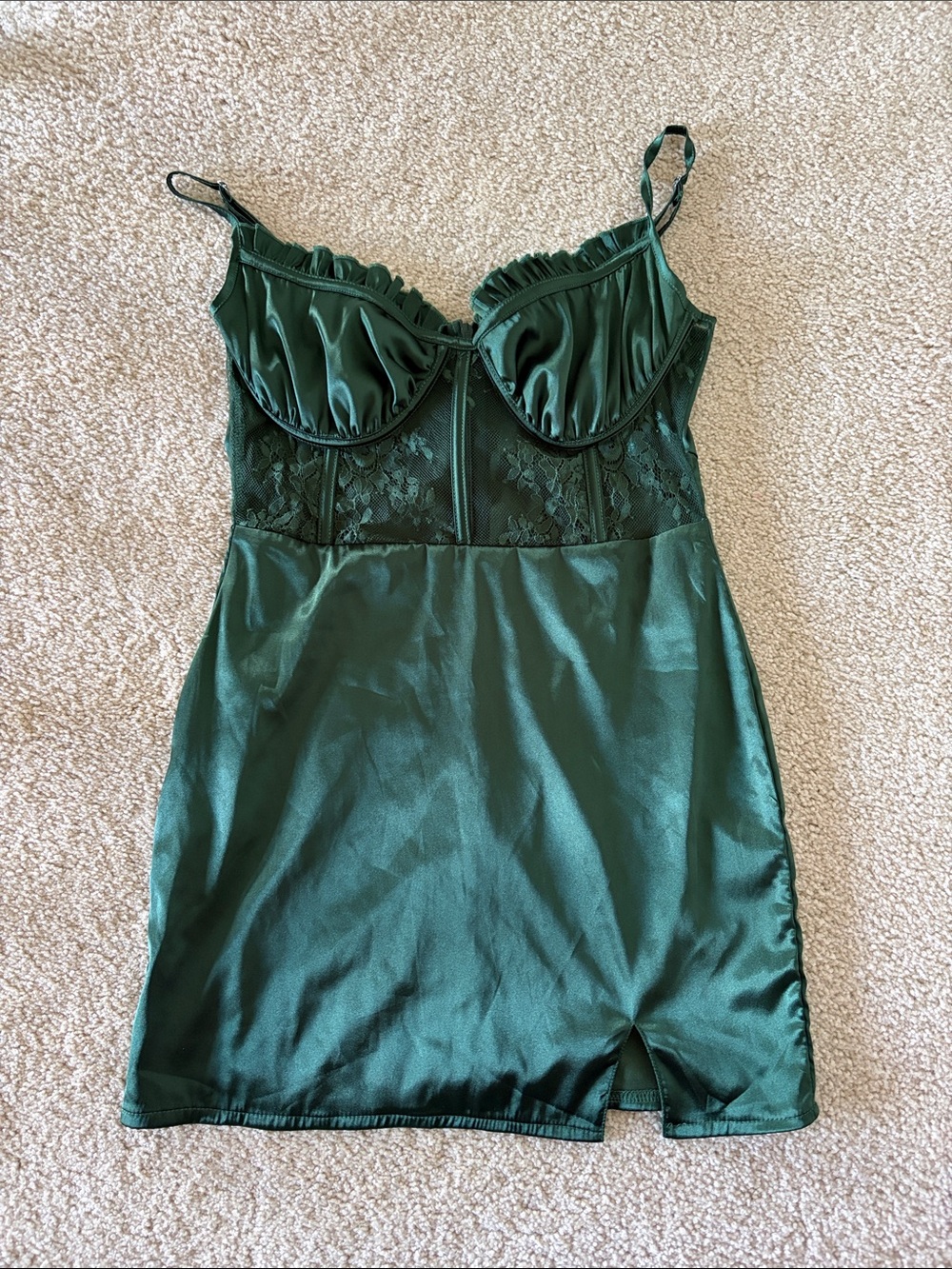Amazon Dark Green Satin Lace Chemise with Ruffle Trim - Picture 1 of 4